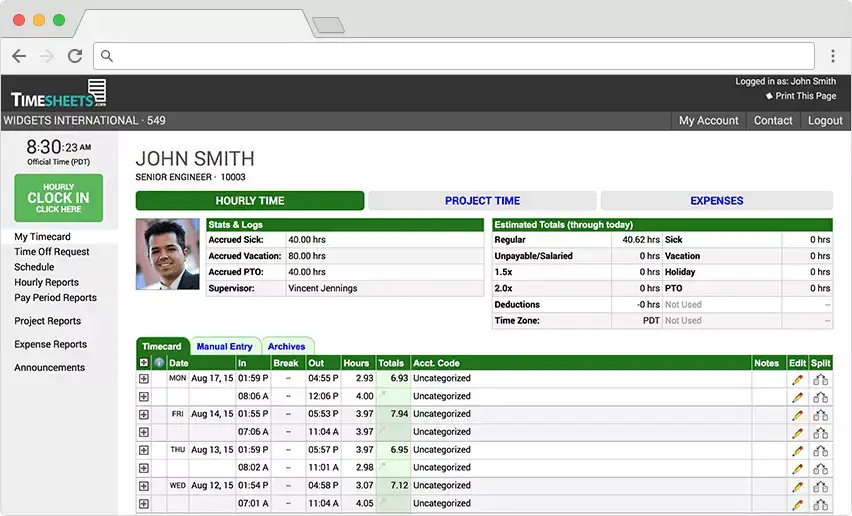 Time sheet dashboard