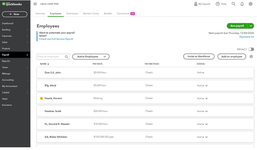 QuickBooks payroll dashboard