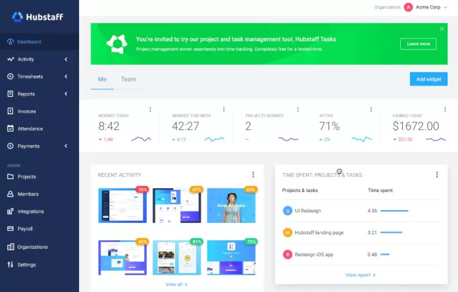 hubstaff dashboard